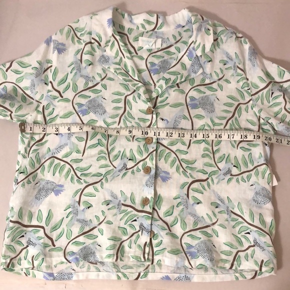 Novelty Blue Bird & Leaf Print 100% Linen Button-up Women's Collared Blouse - Picture 5 of 12